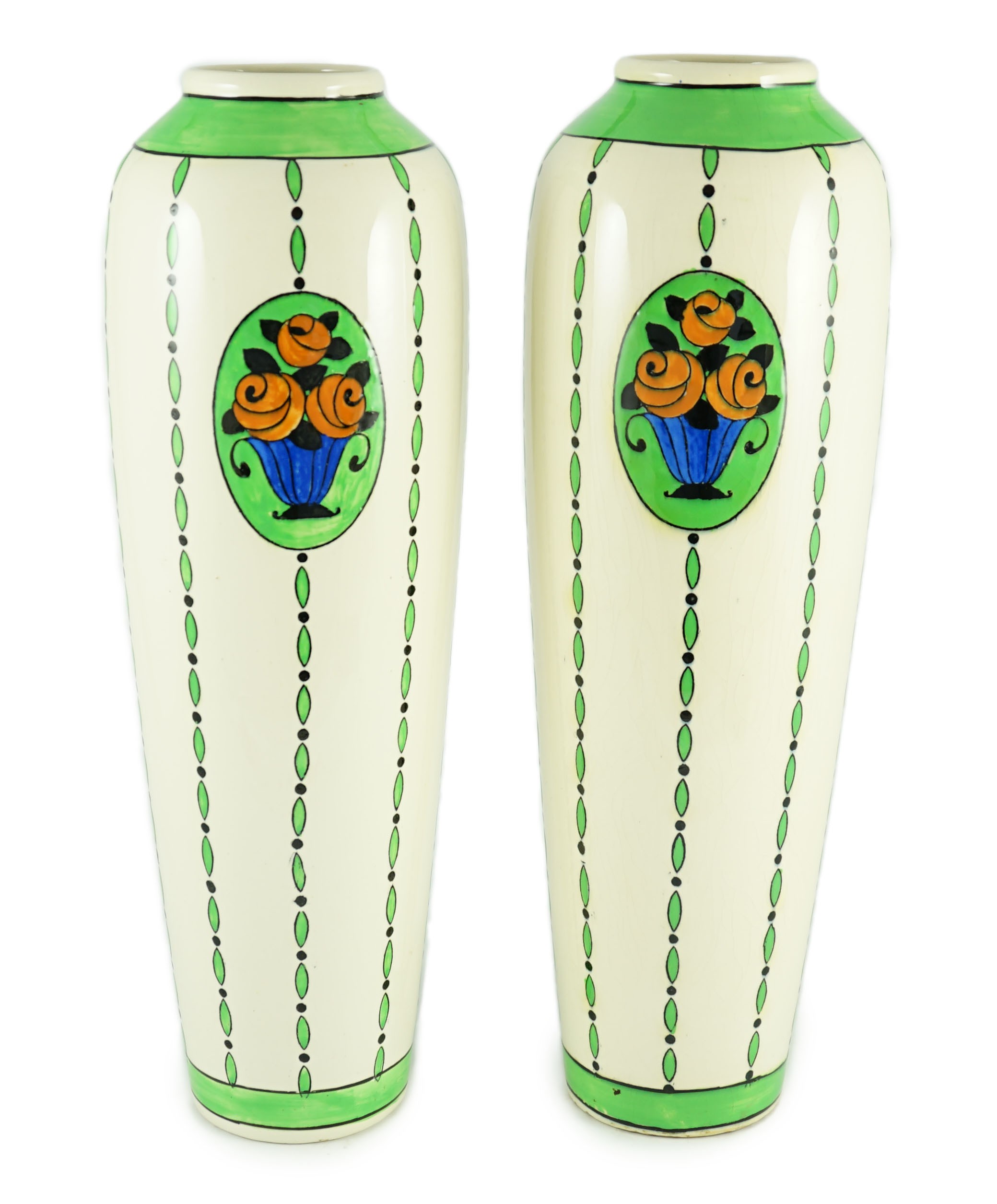 Charles Catteau for Boch Freres, a large pair of ‘Rosa’ tall vases, printed marks and model number D789, 46.5cms high